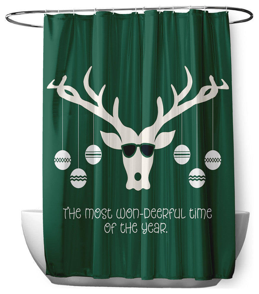70"Wx73"L Cool Christmas Deer Shower Curtain, Forest Green