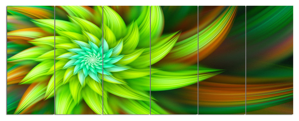 Huge Clear Green Fractal Flower, Floral Canvas Art Print, 70"x28", 6 Panels