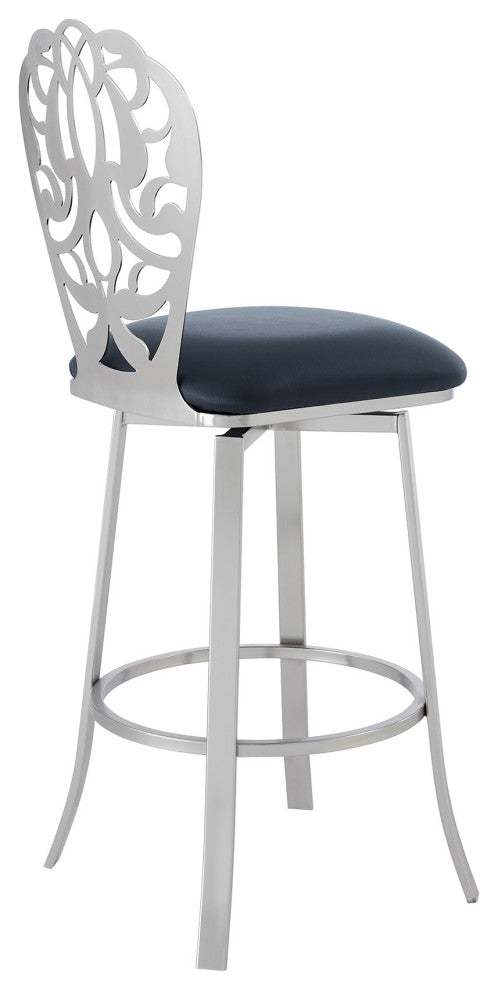 30" Gray Faux Leather Scroll Brushed Stainless Steel Swivel Bar Stool