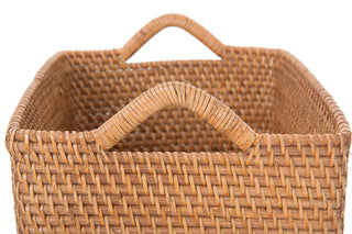 Loma Rectangular Tall Decorative Rattan Storage Basket with Ear Handles, Small, Honey Brown