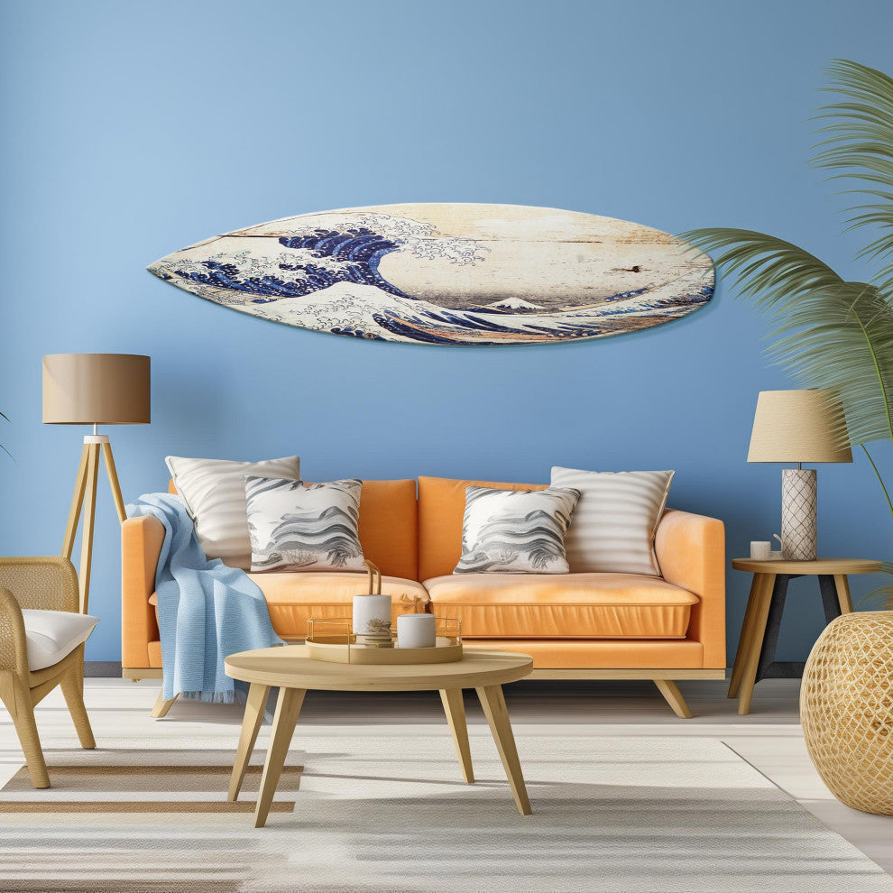 The Great Wave off Kanagawa Wood Surfboard Plaque Wall Sign, 60"x15"