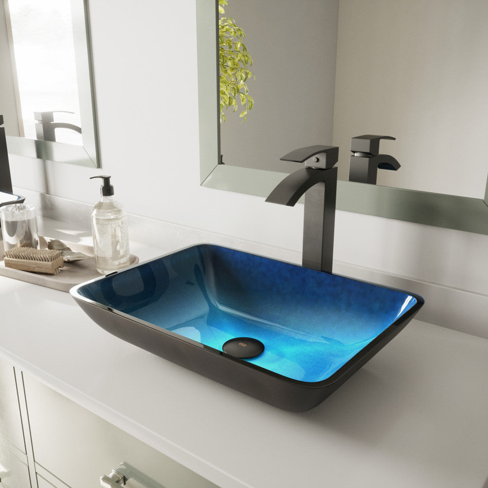 VIGO Donatello 18"L x 13"W x 4"H Glass Rectangular Vessel Bathroom Sink in Blue
