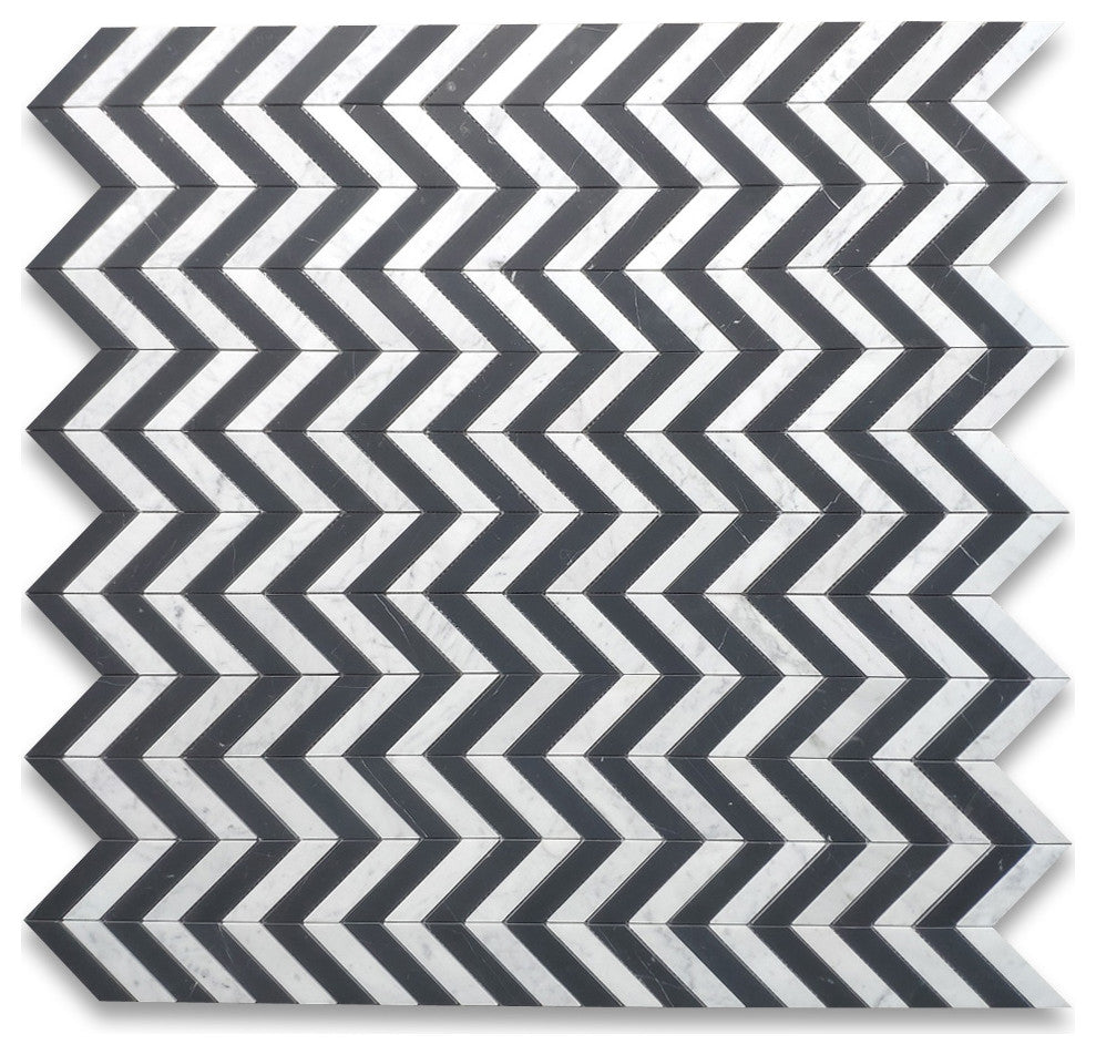 Carrara White Nero Marquina Black Marble 1x4 Chevron Mosaic Tile Honed, 1 sheet