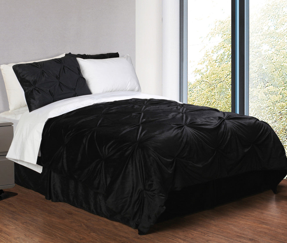 Pintuck Plush 3-PC Complete Comforter Set, Black, Queen, 4-Pc