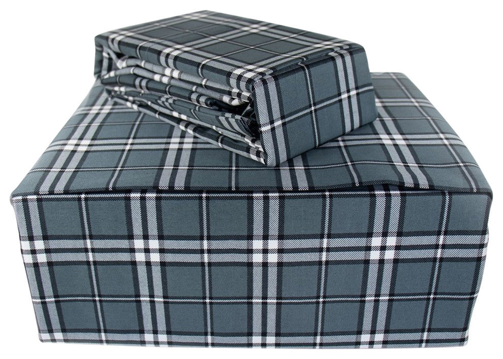 Plaid Print Matte Sateen Sheet Set, Charcoal, California King