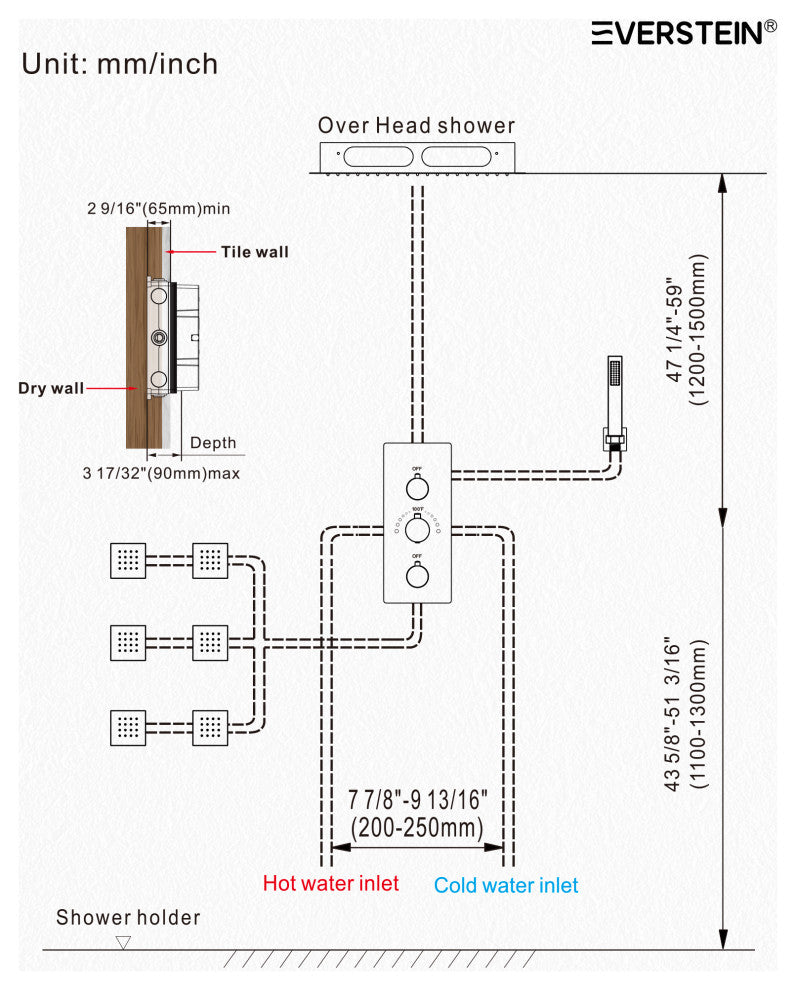 LED Thermostatic Shower System 12" Rain Shower Head with 6 Body Jets, Brushed Nickel