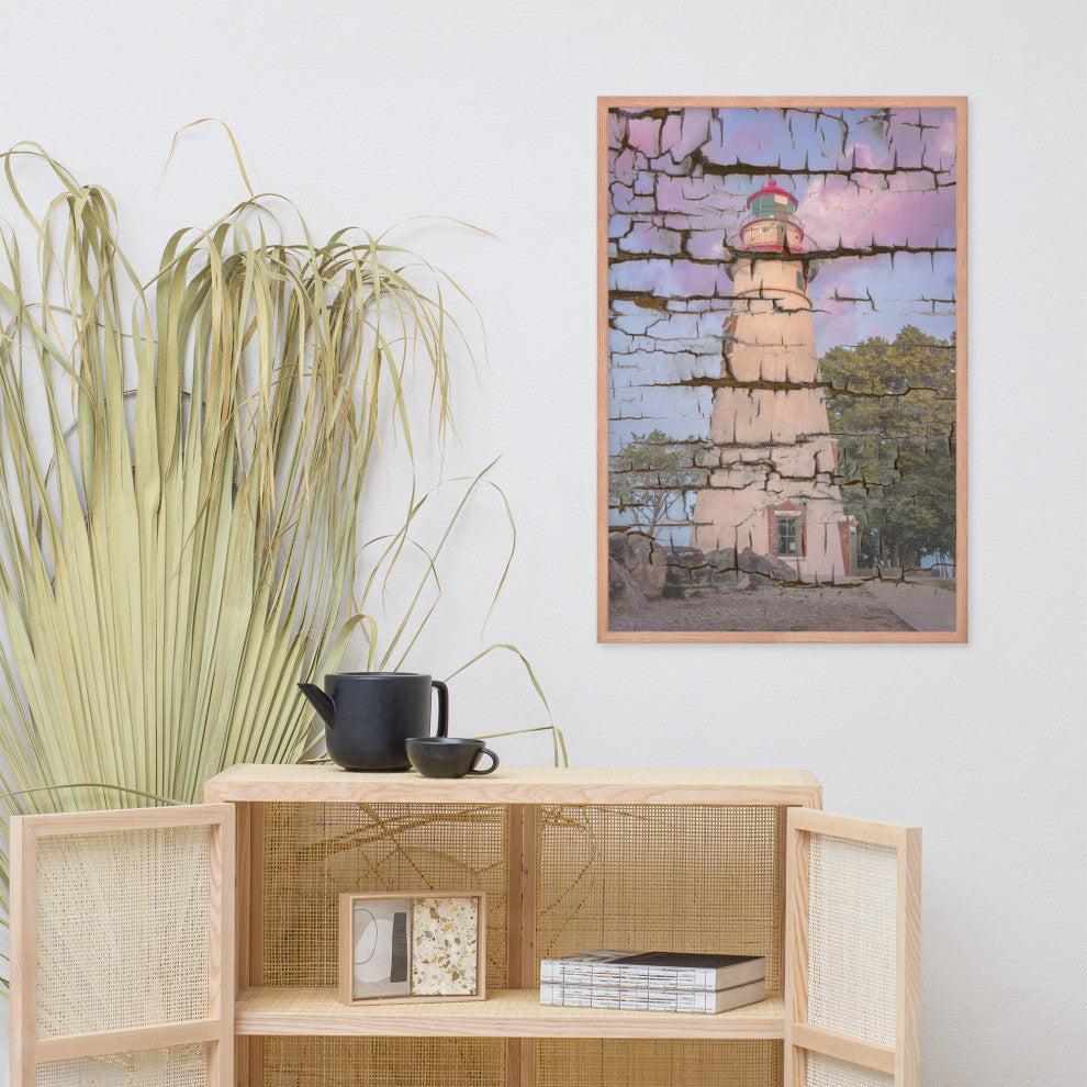 Faux Wood Texture Marblehead Lighthouse at Sunset Framed Photo Wall Art Print, Red Oak, 24" X 36"
