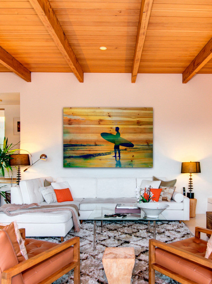 "Surf at Dusk" Print on Natural Pine Wood, 60"x40"
