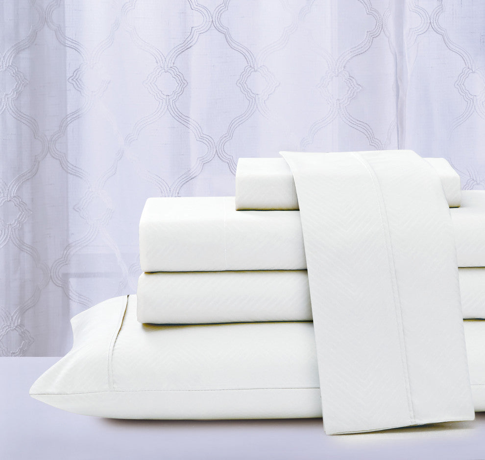 Kathy Ireland 4 Piece Chevron Embossed Sheet Set, White, Queen
