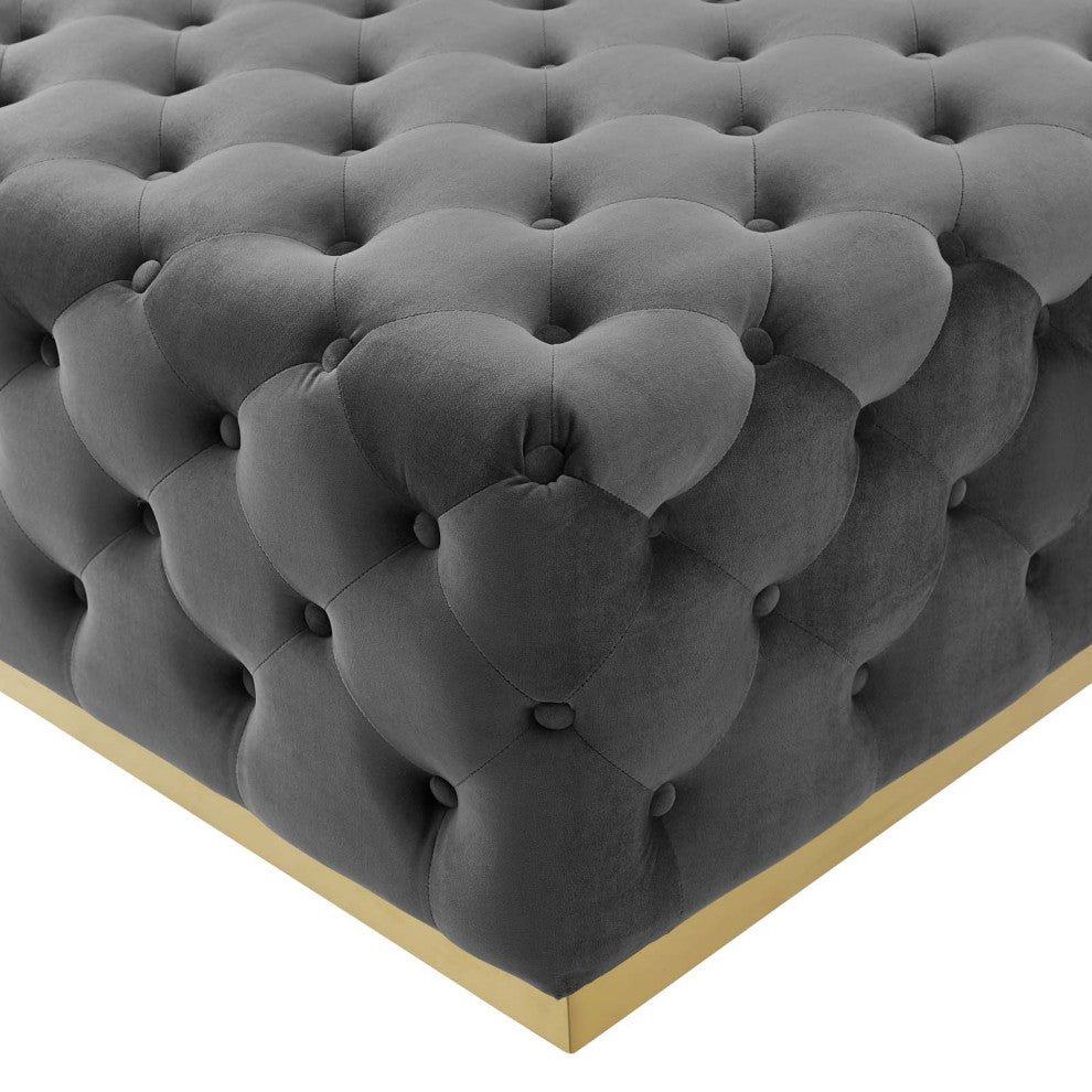 Tufted Accent Chair Ottoman, Square, Velvet, Gray, Modern, Lounge