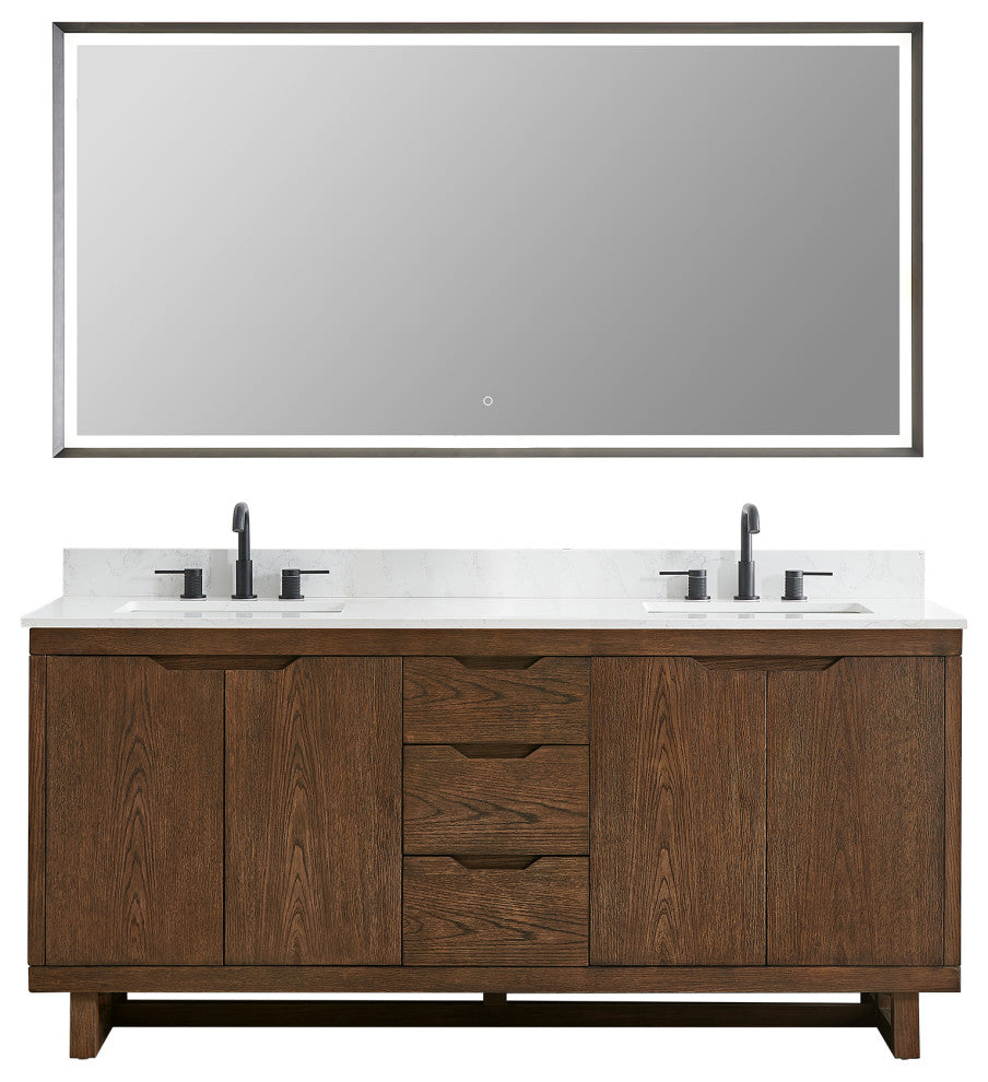 Mowry Bathroom Vanity, Brown Brushed Oak, 72", With Mirror