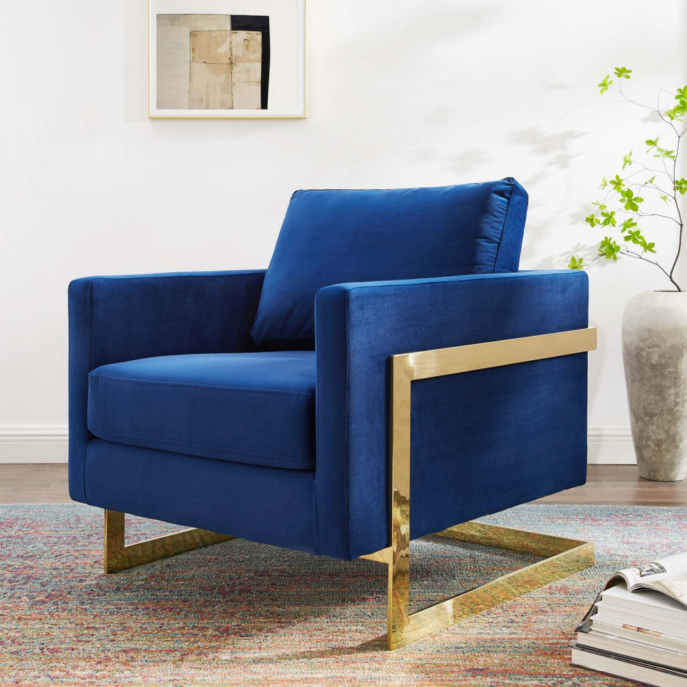 Accent Chair, Velvet, Metal, Gold Blue Navy, Modern, Living Lounge Hospitality