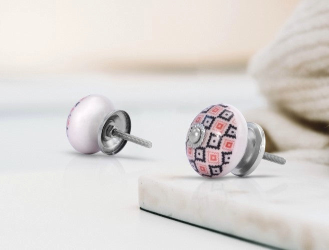 Mascot Hardware White Ceramic Knob with Pink and Black Geometric Pattern - PK 10