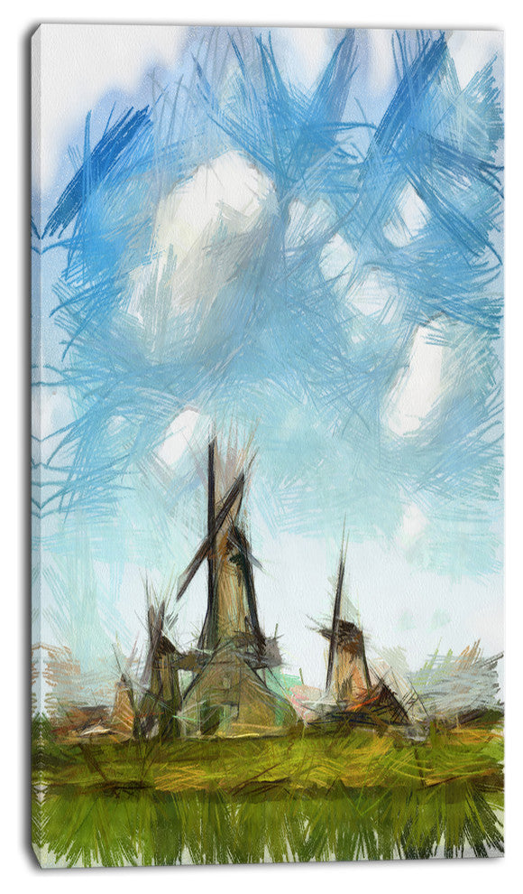 Watercolor Windmill in Netherlands, Large Landscape Canvas Art, 16"x32"