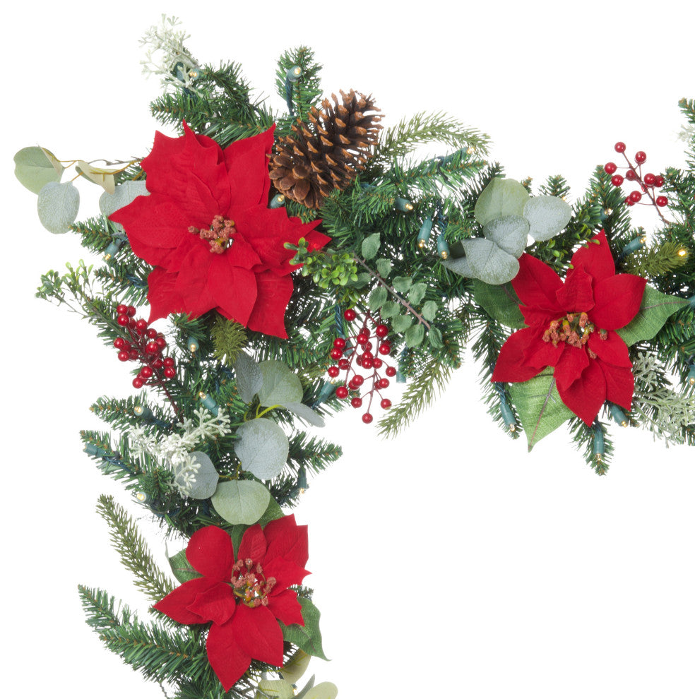 9' Artificial Christmas Garland with Lights, Christmas Poinsettia