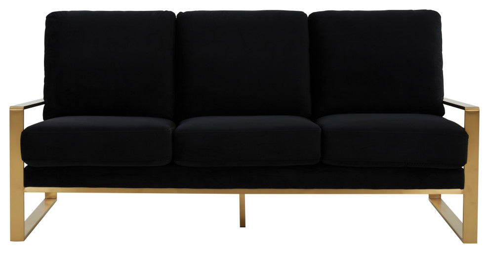 LeisureMod Jefferson Modern Design Velvet Sofa With Gold Frame, Black