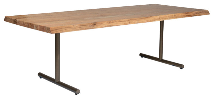 Brooks Dining Table, T Base, 40"x92", Teak Top, Brass Base