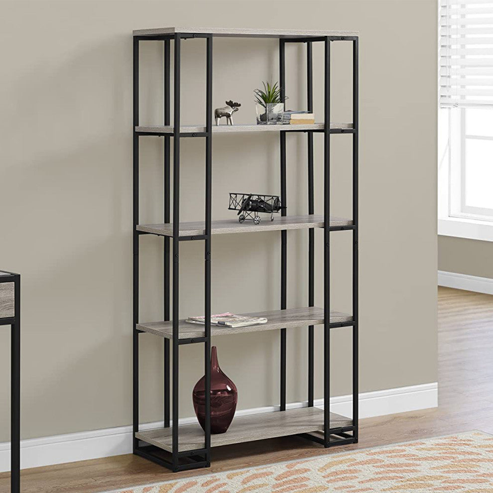 HomeRoots 12.5" x 32" x 62" Dark Taupe Black Mdf Metal Bookcase