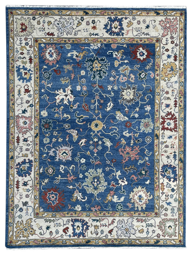 EORC Blue/Beige Hand Knotted Wool Colorful Mahal Classic Rug, 8'x10