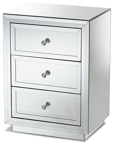 Hollywood Regency Glamour Style Mirrored Three Drawer Nightstand Bedside Table