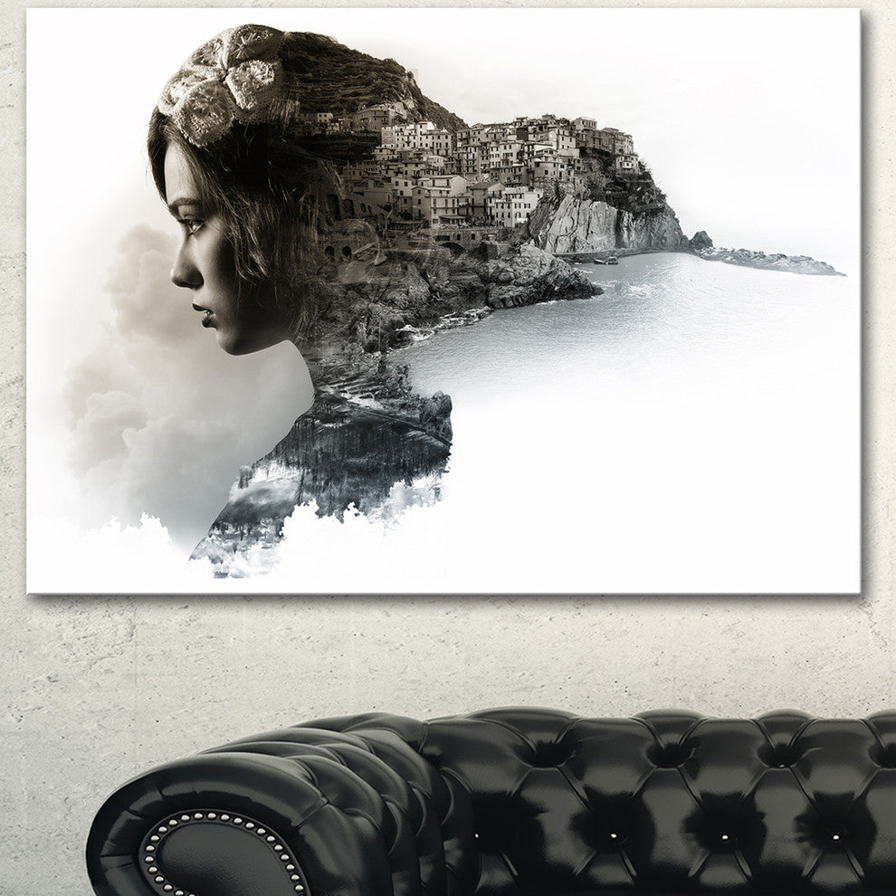 Stylish Woman and View of Manarola, Portrait Canvas Art Print, 60"x28"