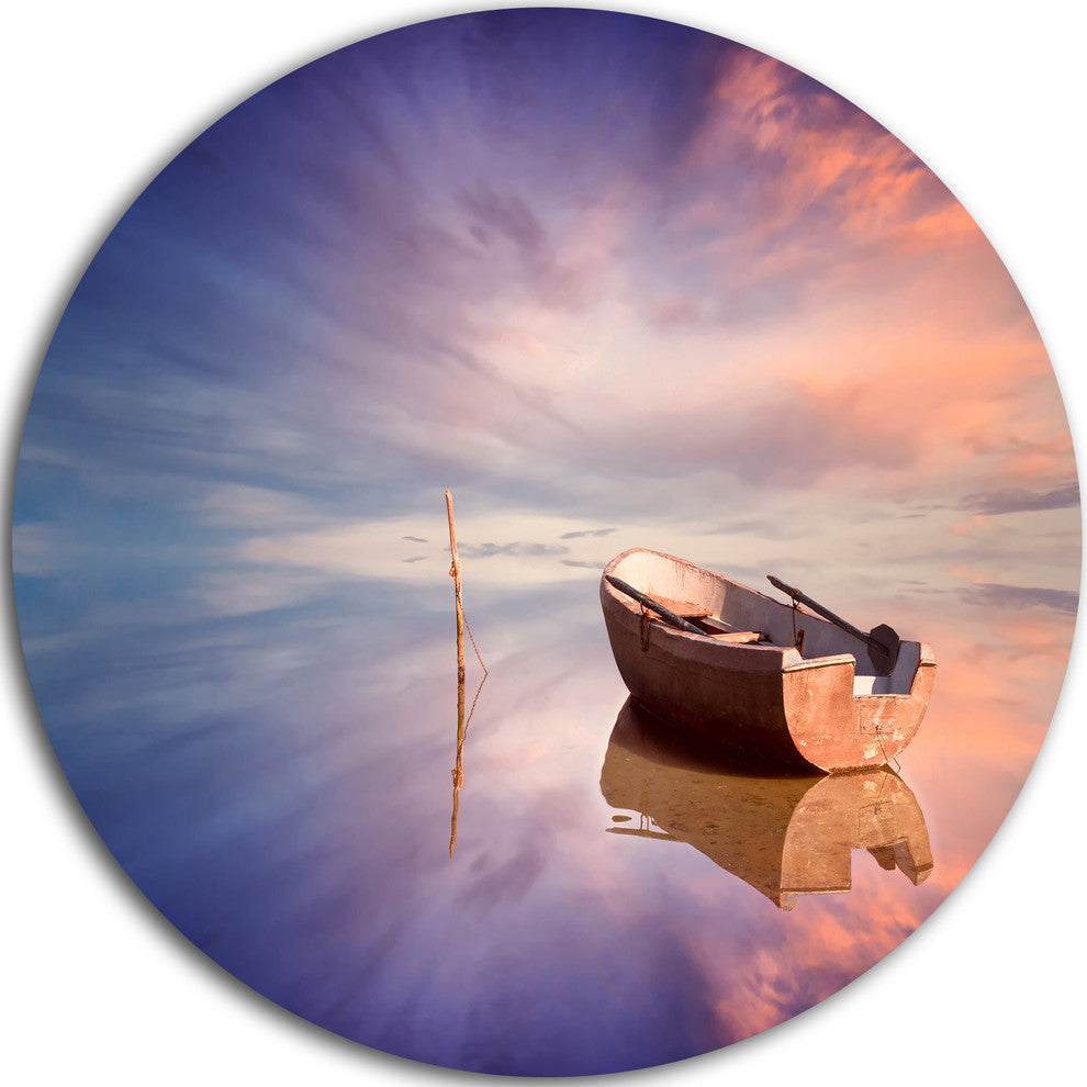 Lonely Boat In Colorful Sea, Seascape Painting Round Wall Art, 23"