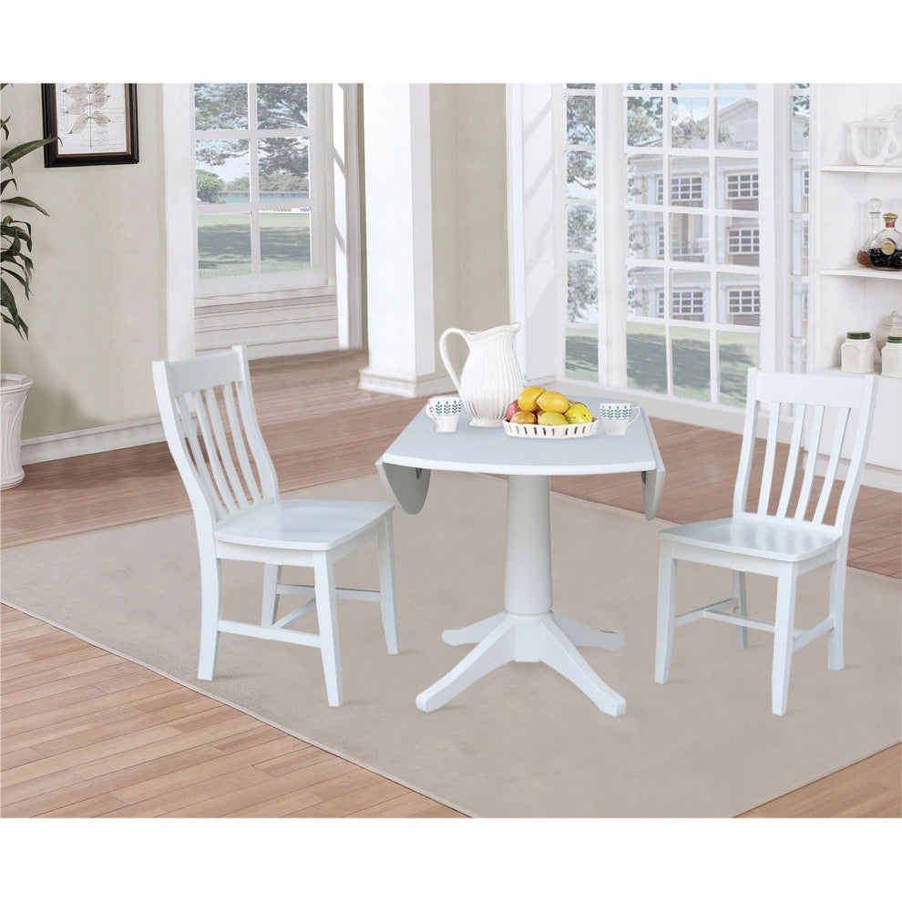 42" Round Top Pedestal Table with 2 Chairs, White
