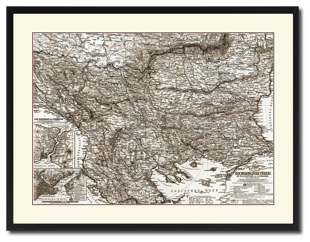 Balkans, Hungary, Rumania, Old Sepia Map Print On Canvas With Frame, 28" X 37"