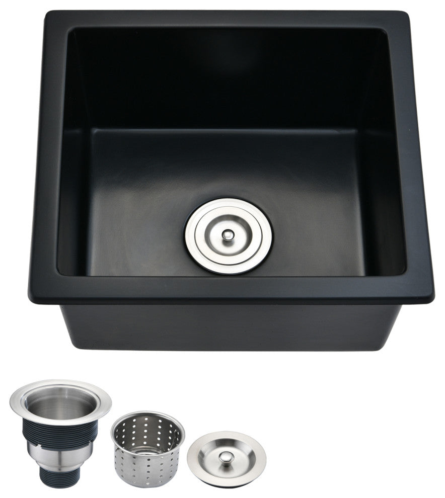 18"Lx16" W Quartz Bar Sink with Basket Strainer Matte Black