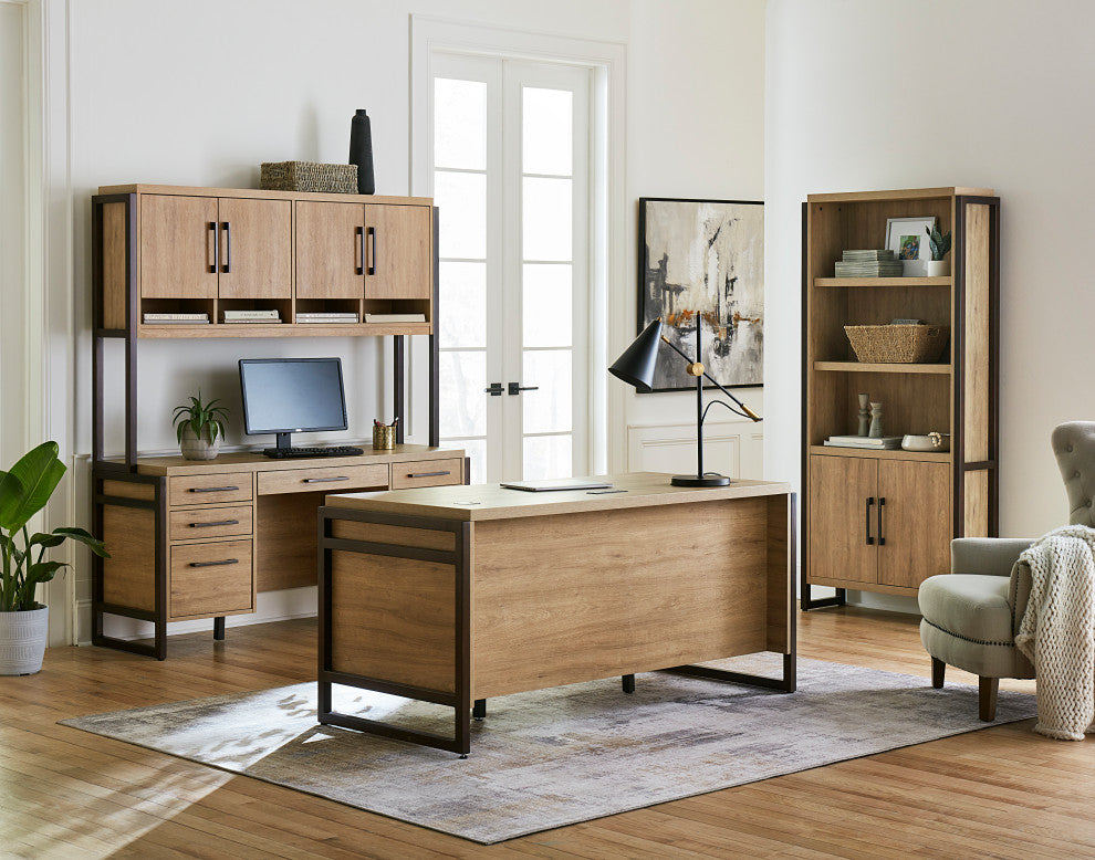 Modern Wood Laminate Hutch With Wood Doors, Light Brown