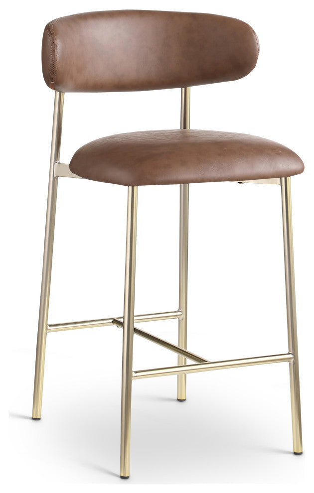 Lupita Upholstered Counter Stool, Brown, Vegan Leather, Brushed Gold, Set of 2