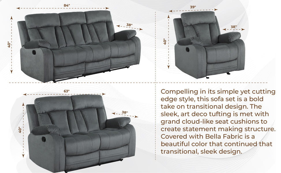 Axel Contemporary Microfiber Recliner, 3-Piece Set, Beige
