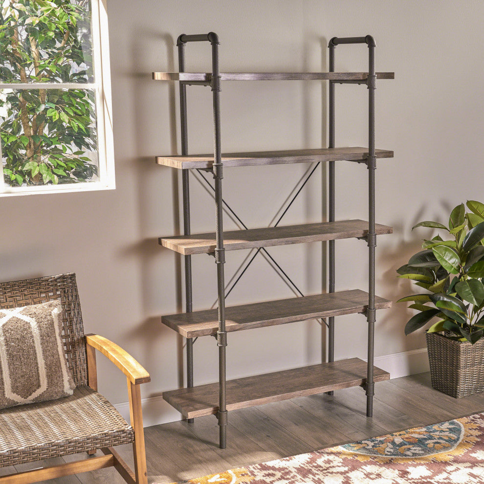 GDF Studio Clint Faux Wood Industrial Five Tier Shelf, Dark Brown/Texture Brown