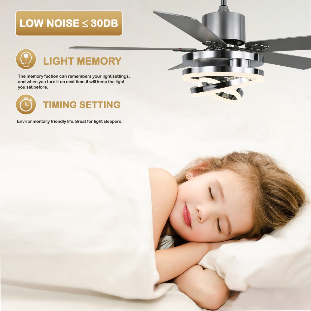 52" Ceiling Fan with Adjustable LED Light Kit, 3 Color Tone 6 Fan Speed, Chrome