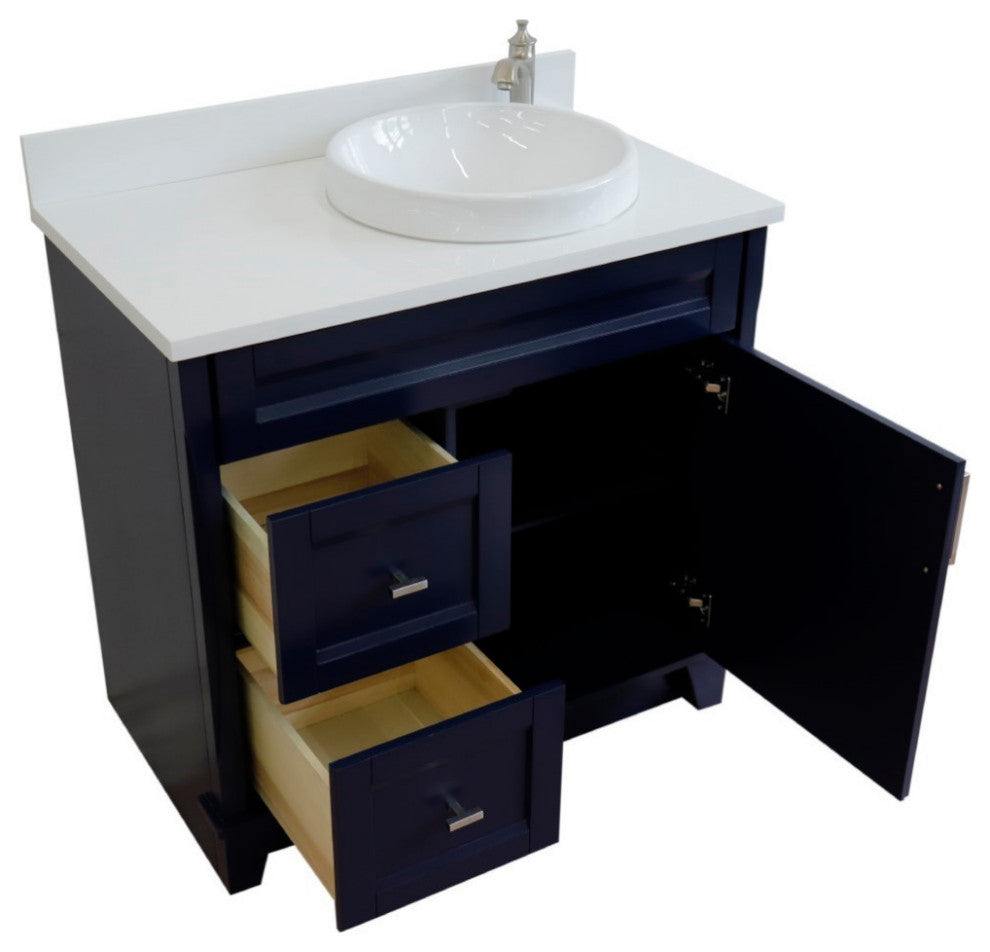 37" Single Sink Vanity, Blue Finish With White Engineered Stone Top