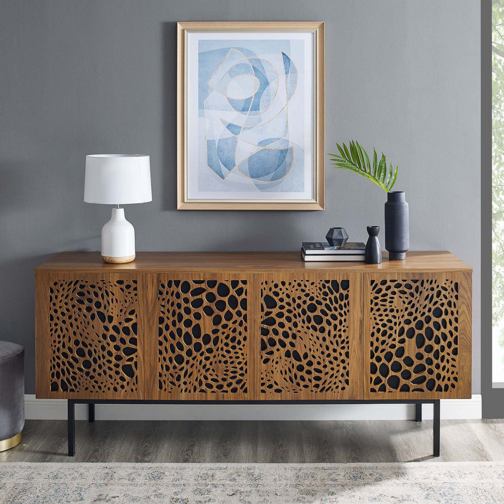 Media TV Stand Console Table, Rectangular, Wood, Metal, Brown Walnut, Modern