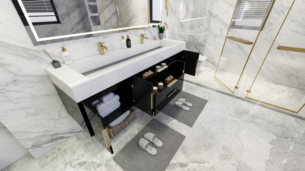 Madison 72" Wall Mounted Double Sink Vanity with Reinforced Acrylic Sink, High Gloss Black