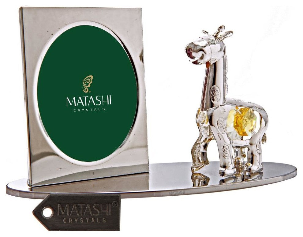 Silver Plated Picture Frame With Crystal Cartoon Giraffe Figurine On A Base