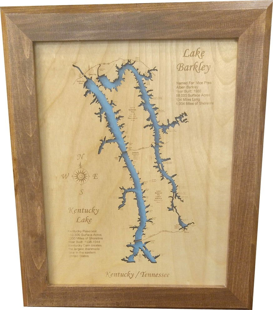 Lake Barkley, Kentucky, Kentucky Lake, Tennessee-Wood Lake Map, Small Framed