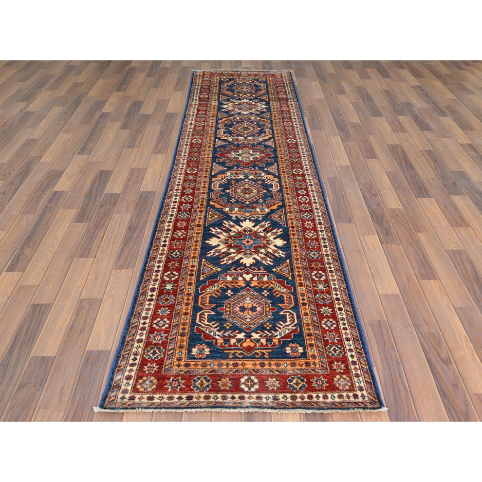 Shiny Wool Hand Knotted Navy Blue Afghan Super Kazak Runner Rug, 2'10" x 11'0"