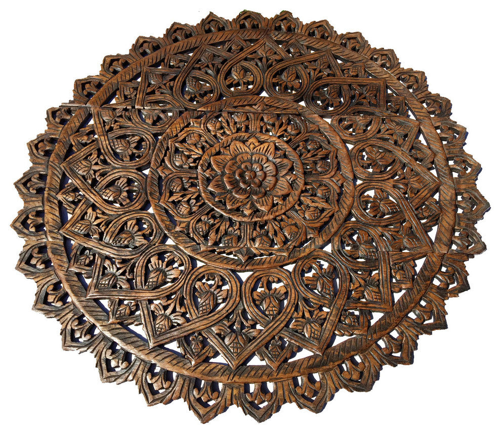 Round Lotus Flower Wood Carved Wall Plaque Home Decor, Brown, 36"x36"