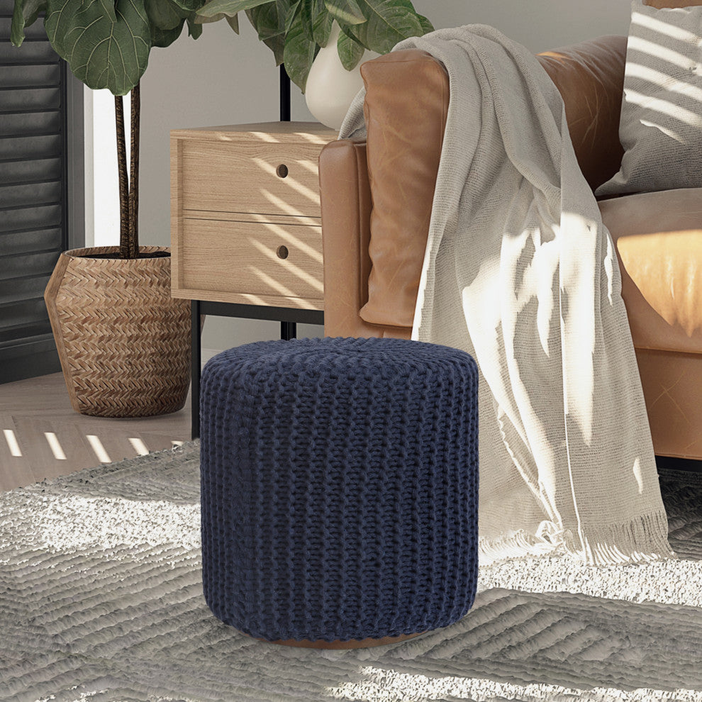 Loft Lyfe Marbella Ottoman, Hand Knitted, Wooden Tray, Cotton Yarn, Navy