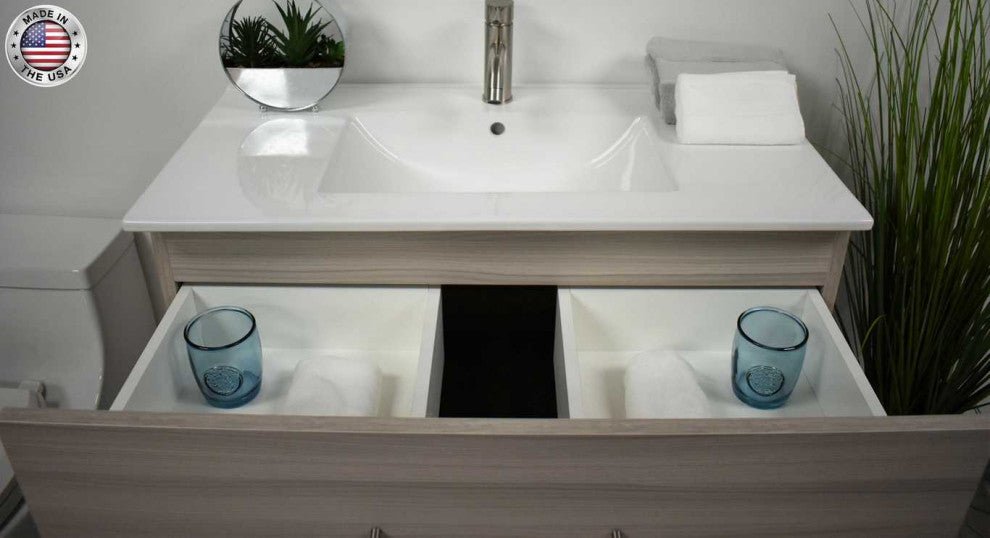 Napa 36" Modern Floating Bathroom Vanity With Ceramic Top and Round Handles, Ash Gray