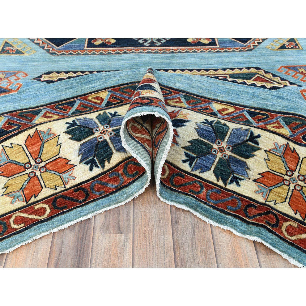 Sky Blue, Caucasian Design 200 KPSI Wool Hand Knotted Oriental Rug, 9'x11'8"