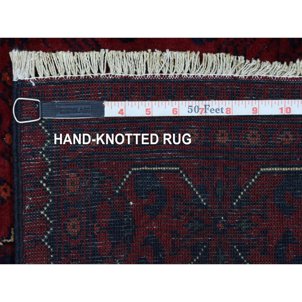 Red Geometric Design Hand Knotted Afghan Khamyab Wool Runner Rug, 3'0"x9'10"