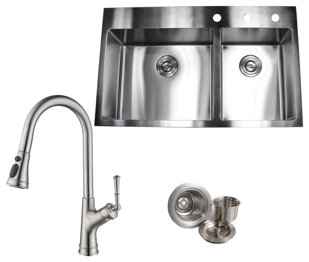 33" Topmount 16 Gauge 60/40Double Bowl, Sink With Faucet and Strainer