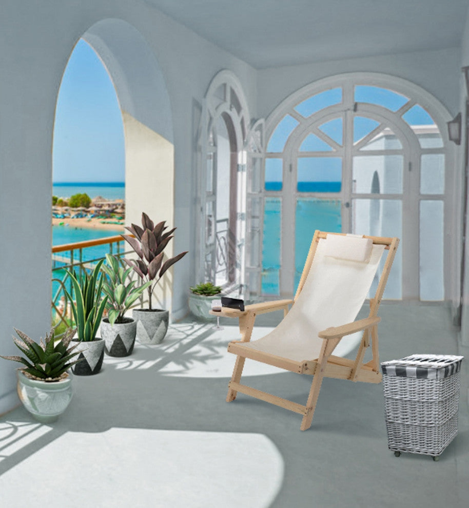 Romantic Collection Canvas Sling Chair with Cup and Wine Holder, Natural Frame B
