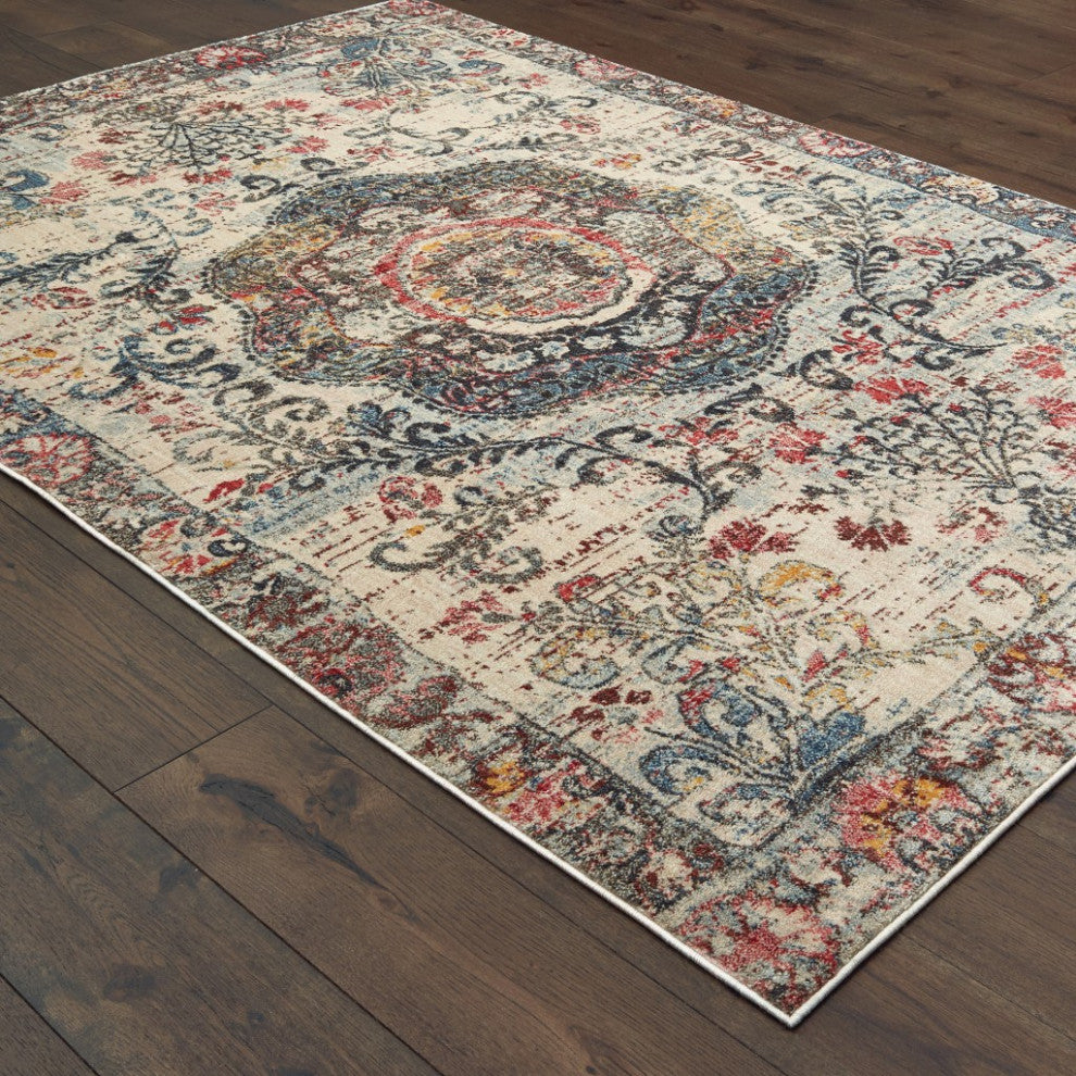 8"x11" Ivory Distressed Medallion Area Rug