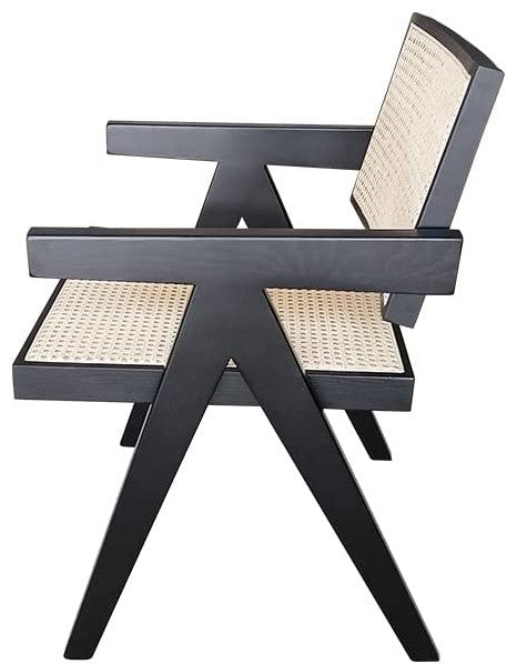First of a Kind Rattan Cane Dining Chair Wooden Frame Accent, Black