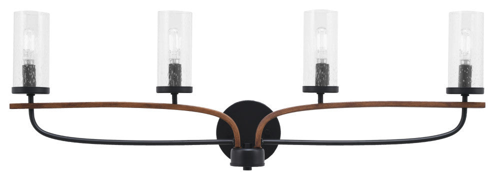 Monterey 4-Light Bath Bar, Matte Black & Painted Wood-look, Clear Bubble Glass
